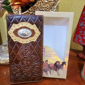 HORSE Western Wallet Genuine Leather Cowhair Rodeo Long Bifold Checkbook brown